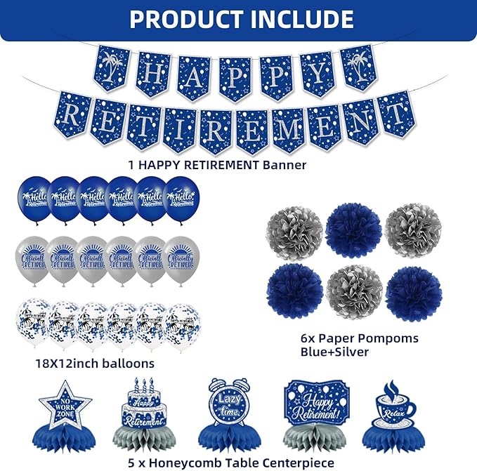 Happy Retirement Party Decorations for Men Women,Blue Silver Retirement Decorations,Happy Banners,Balloons Honeycomb Centerpieces,Paper Pompoms,Office Yard Sign Farewell Party Supplies