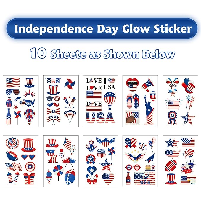 70PCS 4th of July Decorations Temporary Tattoos，Red White and Blue Party Supplies，Fourth of July Glow in The Dark Sticker Patriotic Party Decorations Favors Supplies Independence Day Memorial Day Decorations