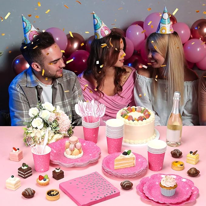 Hushee 175 Pcs Hot Pink Holographic Print Party 25 Guests Disposable Dinnerware Set Include Paper Plates, Napkins, Paper Cups, Plastic Tableware for Birthday Party
