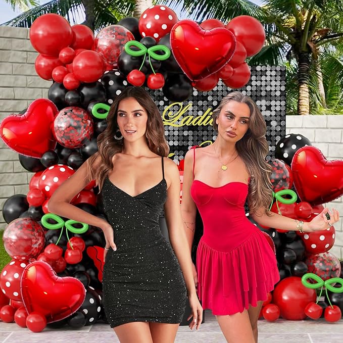 JOGAMS 170Pcs Betty Party Decorations,Red and Black Party Decorations with Confetti Red Heart Foil Polka Dot Green 260 Long Balloons for Bachelorette Birthday Baby Shower Vintage Retro Party