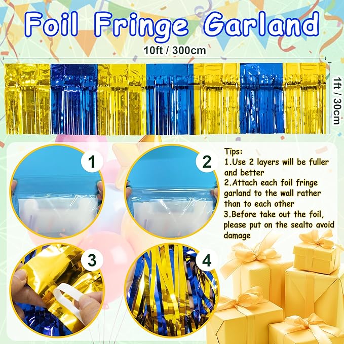 4 Pack 10 Feet Graduation Parade Floats Foil, Royal Blue Gold Fringe Garland Tinsel Streamers Banner Fringe Curtain Banner for Graduation Homecoming Birthday Party Decorations (Royal Blue, Gold)