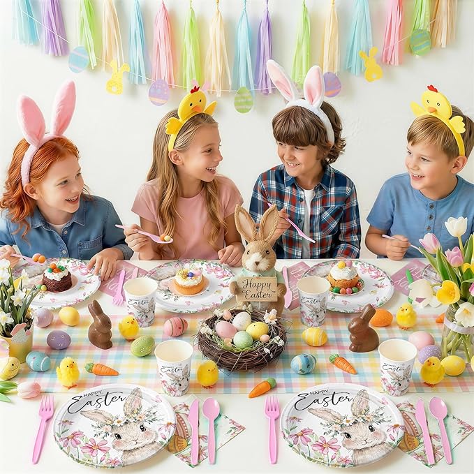 168PCS Easter Party Supplies Happy Easter Party Decorations Vintage Bunny Flower Paper Plates Napkins Cups Cute Rabbit Wlidflower Themed tableware for Spring Holiday Picnic Serve 24