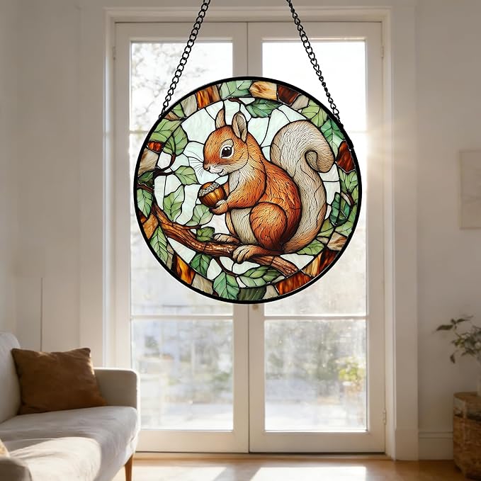 Stained Glass Window Hanging, Squirrel on a Branch Suncatcher Diamond Glass Panel Animal Sun Catchers Decor for Birthday for Women, Men, Wife, Aunt, and Mom 11.8x11.8 in