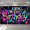 Neon 13th Happy Birthday Banner 71x43 Inch Paint Splatter Glow in The Dark Party Backdrop Colorful Wall Decor for Teens Boys Girls Thirteenth Birthday Celebrations Props Event Supplies
