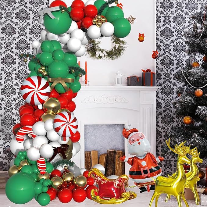 Christmas Balloon Garland Arch kit, 134 Pieces Xmas Green Red White Gold Balloons Garland Kit, Candy Cane Foil Balloons Elk Santa Claus Balloon for New Year Christmas Party Decorations