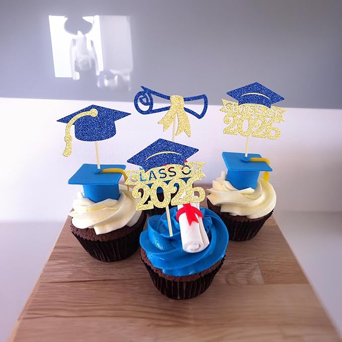 Gyufise 24Pcs 2026 Graduation Cupcake Toppers Glitter Class of 2026 Cupcake Picks Diploma Graduation Cap Cake Decorations for Theme Party Supplies Gold Blue