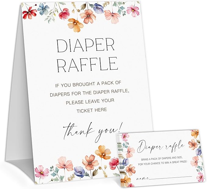 Boho Flower Diaper Raffle Game, Diaper Raffle Tickets for Baby Shower, Floral Gender Neutral Tickets for Baby Shower Party Favor Decorations Supplies (1 Sign + 50 Cards)