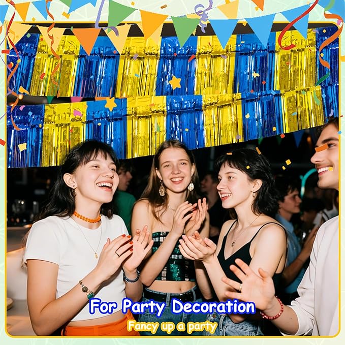 4 Pack 10 Feet Graduation Parade Floats Foil, Royal Blue Gold Fringe Garland Tinsel Streamers Banner Fringe Curtain Banner for Graduation Homecoming Birthday Party Decorations (Royal Blue, Gold)