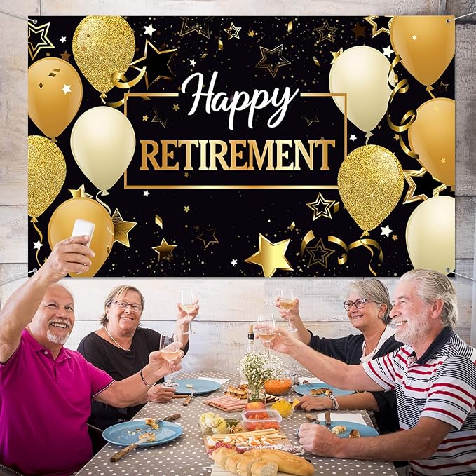 Blulu Retirement Party Decorations, Extra Large Fabric Retire Sign Banner Photo Booth Backdrop Background with Rope for Retirement Party Favor(70.8 x 43.3 Inch,Black and Gold)