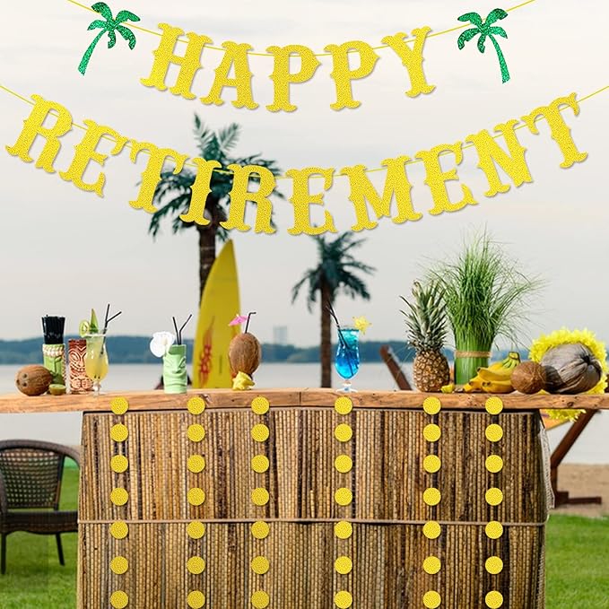 Gold Glitter Retirement Banner, Happy Retirement Party Decorations, Farewell Party Decor - Summer Beach Theme for Men & Women