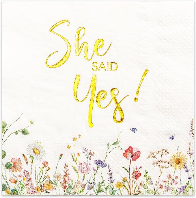 Crisky 3-Ply Engagement Napkins Floral Gold Foil She Said Yes Paper Disposable Napkins for Bachelorette/Engagement/Bridal Shower Party Decoration, 50 Counts