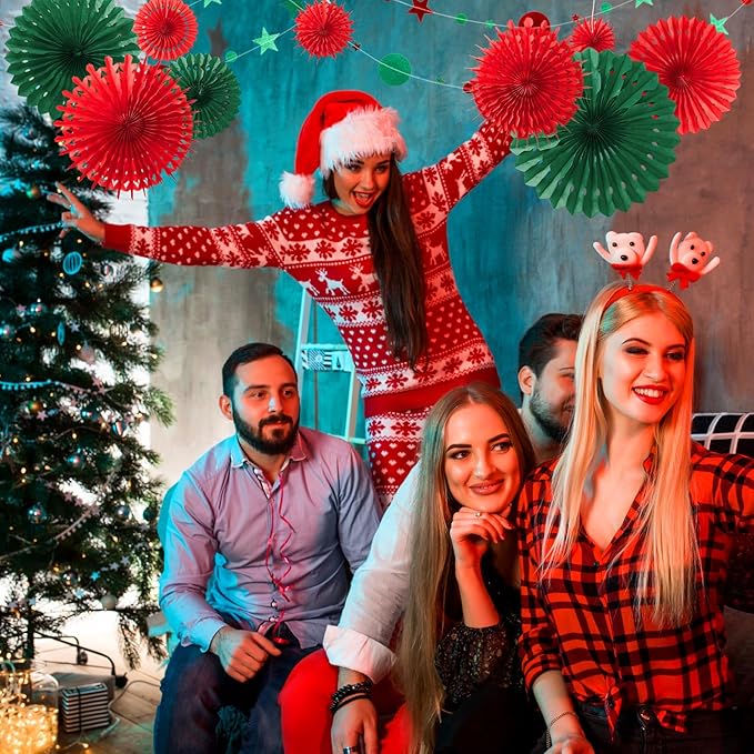 13 Pcs Paper Christmas Decorations Red Green Paper Fans Hanging Star Circle Garland Banner Office Backdrop Ugly Sweater Party Supplies Xmas Wall Decor for Classroom Holiday Birthday New Year