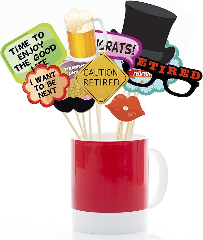Scapa Pro Retirement Photo Booth Props 36 pc Party Supplies for Pictures and Decorations Includes Colorful Photo Props and Phrase Signs Unisex Retirement Decor