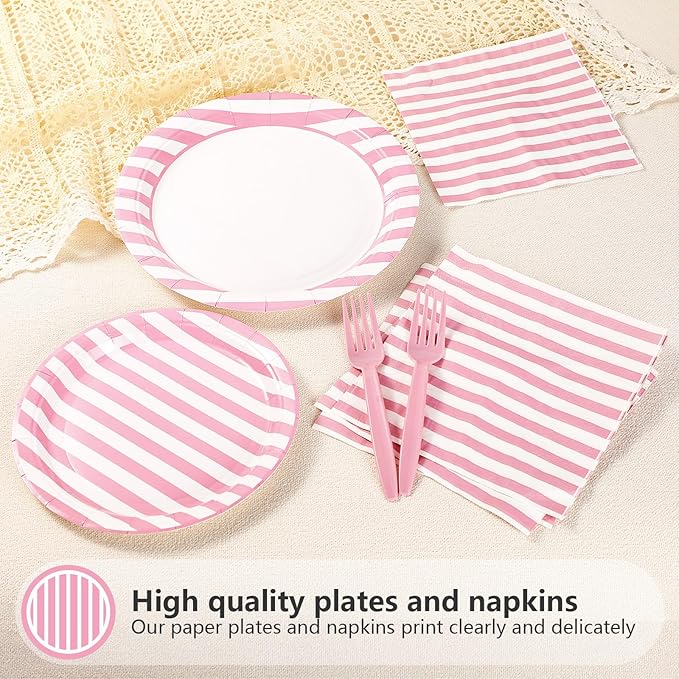96Pcs Pink Striped Party Supplies Pink and White Stripe Plates and Napkins Disposable Pastel Striped Carnival Decoration Favors for Girls Birthday Wedding Bridal Baby Shower Summer BBQ Party Serves 24