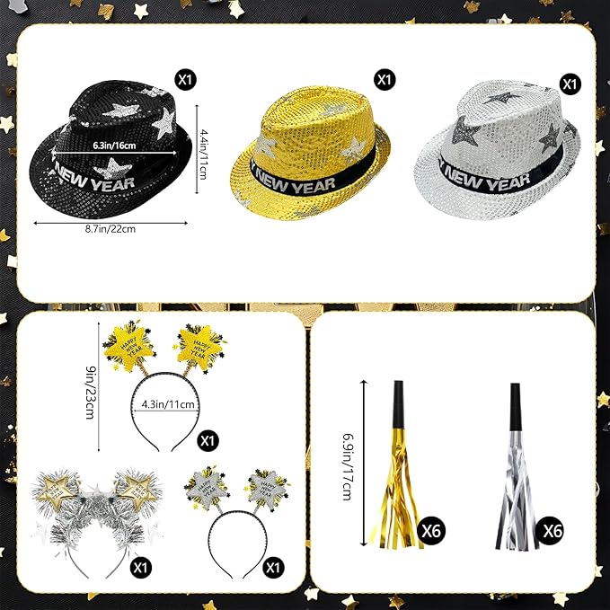New Years Eve Party Supplies 2026, New Years Decorations Party Favors IncludingHeadbands Hats Glasses Tassel Beaded Necklaces Noise Makers for Adults Hello 2026 Party Favors