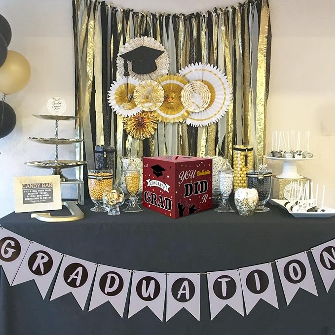 Graduation Card Box, 2025 Graduation Party Decorations, Maroon Black Graduations Card Holder, Foldable Cardboard Congrats Grad Card Gift Box Class of 2025 for Graduations Party Favors Supplies