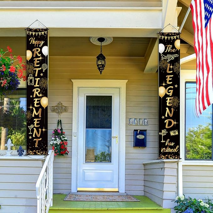 Boao Retirement Porch Sign Door Hanging Banner, Retirement Banner the Legend Fabric Door Sign Background for Retire Party Decoration Supplies, 71 x 12 Inches(Black and Gold)