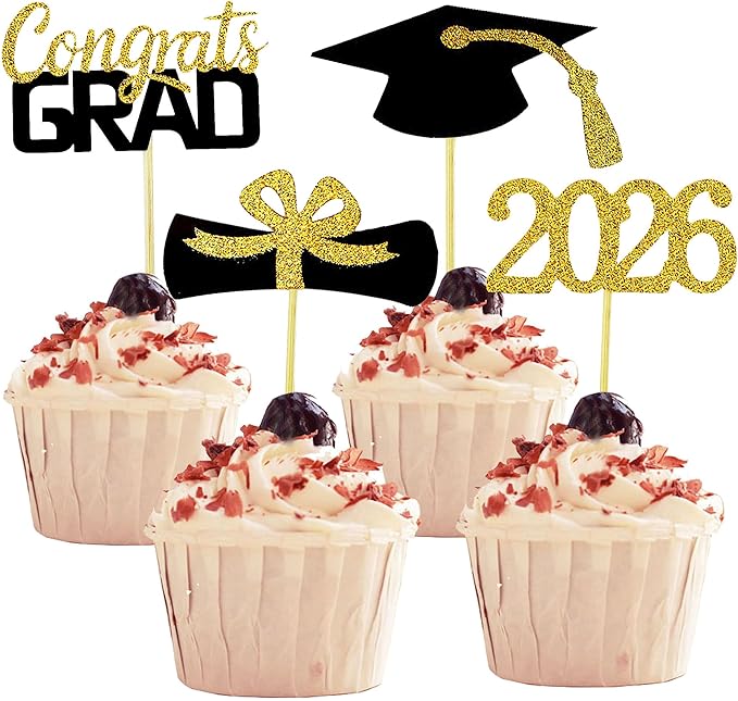 2026 Graduation Cupcake Toppers, 48 PCS Food/Appetizer Picks For Graduation Party Mini Cake Decorations, Diploma, 2026, Grad Cap Set 48 Pieces (01 Gold)