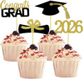 2026 Graduation Cupcake Toppers, 48 PCS Food/Appetizer Picks For Graduation Party Mini Cake Decorations, Diploma, 2026, Grad Cap Set 48 Pieces (01 Gold)