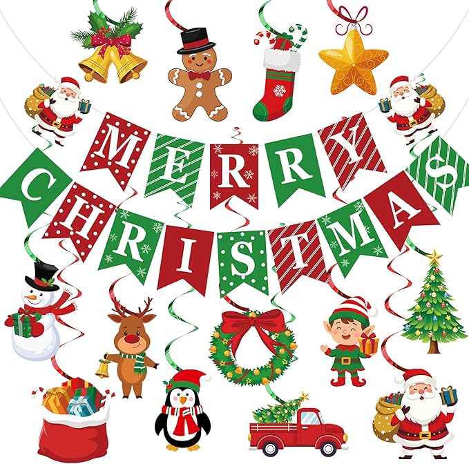 Merry Christmas Party Decorations Pre-strung Merry Christmas Banner with Hanging Swirls Red Green Santa Claus Snowman Hanging Ceiling Swirl for Xmas Holiday Party Home Decor