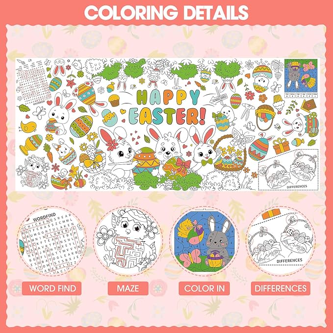 Giant Easter Coloring Poster - Large Happy Easter Coloring Tablecloth Cover, Jumbo Cute Bunny Paper Colorable Table Cloth Banner for Easters Gifts Activities Game Party Decorations Props, 31 x 72Inch