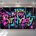 Neon 15th Happy Birthday Banner 71x43 Inch Paint Splatter Glow in The Dark Party Backdrop Colorful Wall Decor for Teens Boys Girls Fifteenth Birthday Celebrations Photo Booth Props