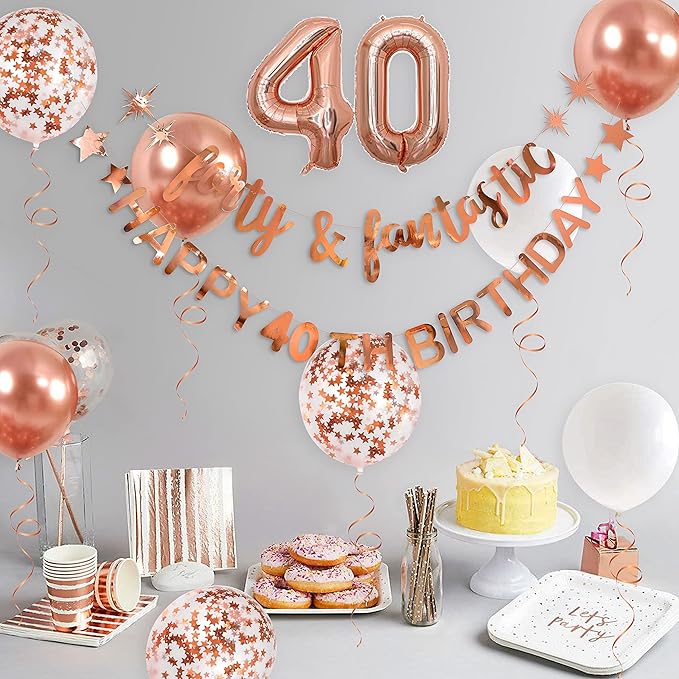 Rose Gold 40th Birthday Decorations for Women Forty & Fantastic Happy 40th Birthday Banner Garland Foil Balloon 40 for Womens 40 and Fabulous Cheers to 40 Years Old Birthday Party Supplies Backdrop