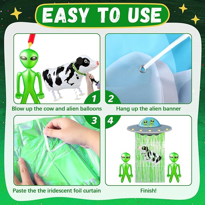 Alien Door Curtains with Tinsel Foil Fringe Curtain Alien Cow Balloon Party Decorations UFO Spacecraft Flying Saucer Spaceship Hanging Banner Backdrop for Birthday Baby Shower Wall Door Decor (Green)