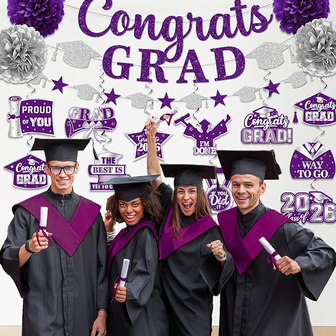 Purple Graduation Decorations, Glitter Congrats Grad Banner Hanging Swirls and Tissue Pom Poms, Purple and Silver Graduation Decorations for Class of 2026 College Graduations Party Decorations