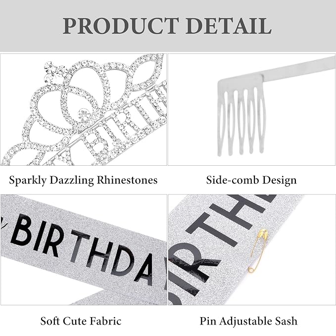CAVETEE Birthday Crowns for Women - Its My Birthday Sash and Crown Set for Adult Women - Silver