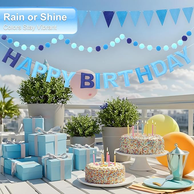 Pre-Strung Happy Birthday Banner & Felt Garland Set - Ombre Blue Birthday Decorations for Women Men Boys Girls | Reusable Party Supplies for Indoor & Outdoor