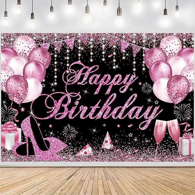 Happy Birthday Banner - Birthday Decorations for Women Girls Pink Birthday Party Banners Welcome Happy Birthday Background Sign for Theme Party Decorations Indoor Outdoor