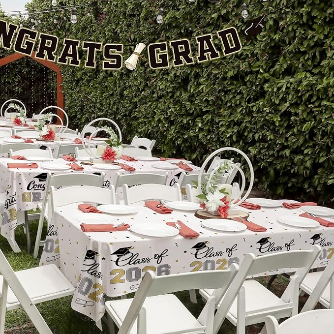 Gatherfun 2026 Graduation Decorations : 2-Pack Congrats Grad Disposable Tablecovers - Class of 2026 White Themed Table Cloths, for Graduation Party Supplies & Graduation Backdrop, 54" X 108"