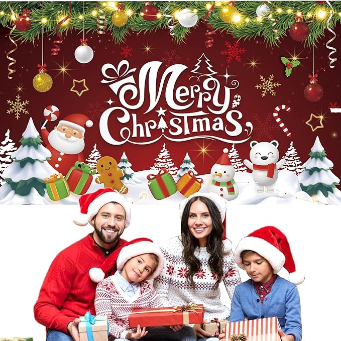 Red Green Gold Merry Christmas Backdrop Banner Photography Background for Home Garden Outdoor Wall Xmas Christmas New Year Party Decorations Supplies 72.8 * 43.3in