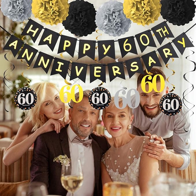 60th Anniversary Decorations Kit - Gold Glitter Happy Anniversary Banner, 9Pcs Sparkling Hanging Swirl, 6Pcs Poms - For 60th Wedding Party Decorations