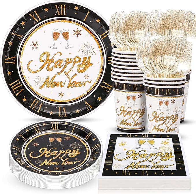 Atonofun Happy New Year Party Supplies, Party Plates, Cups, Napkins and Cutlery, New Year Party Decorations for New Years Eve Party Serves 24