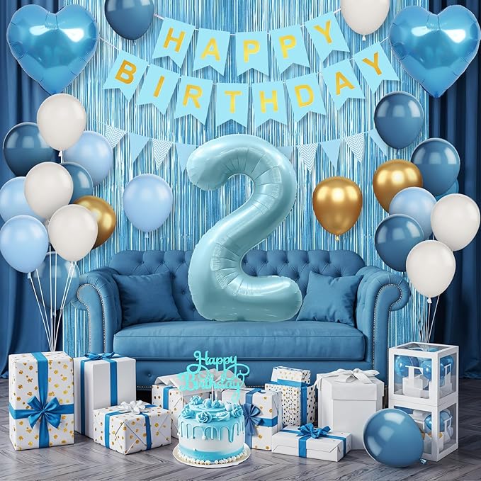 2nd Birthday Decorations Blue White Gold, 25pcs Balloons, Banner, Fringe Curtain, Heart Foil Balloons, Cake Topper, Boys Girls 2 Year Old Birthday Decor