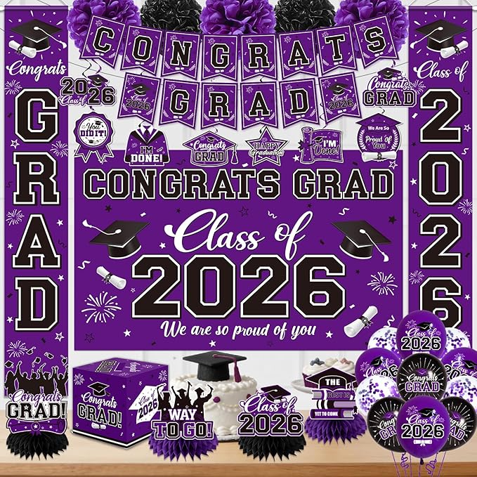 Graduation Decorations 2026 Purple Party Decor Set with Congrats Grad Banner, Class of 2026 Backdrop, Balloons, Box & Streamers Supplies for High School & College Celebrations