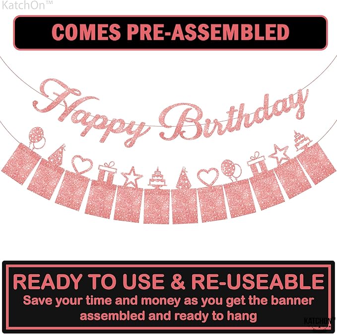 KatchOn, Glitter Rose Gold Happy Birthday Photo Banner - Prestrung, 10 Feet | Bday Picture Banner Decoration for Happy Birthday Decorations | Rose Gold Party Decorations