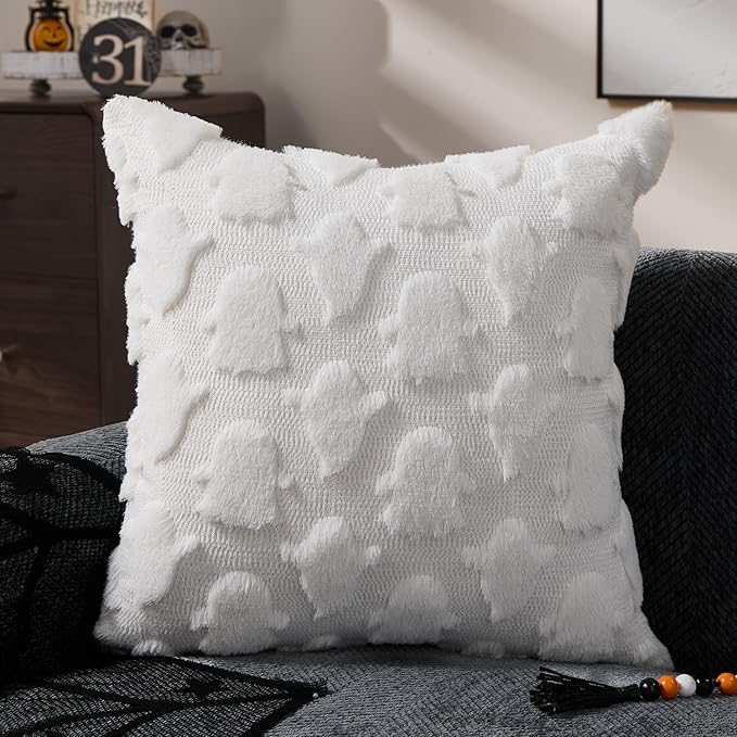DFXSZ Halloween Pillow Covers 20x20 inch Set of 2 White Ghost Throw Pillow Cases Soft Plush Faux Fur Wool Couch Cushion Case for Chair Sofa Bedroom Living Room Home Decor PTK03R20