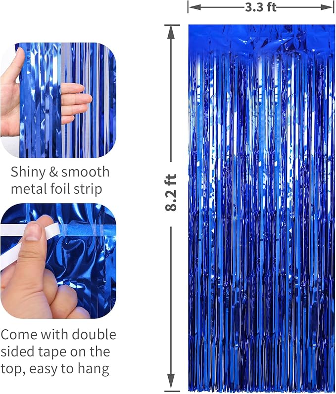 4 Pack Blue Foil Fringe Curtains Streamers Party Decorations 3.3 x 8.2 ft, Blue Tinsel Curtain Fringe Backdrop for Parties, Door Fringe Birthday Streamers, Photo Booth Backdrops, Party Decor