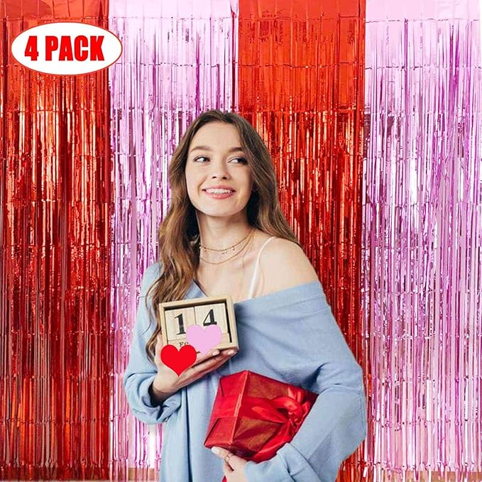 Valentines Day Decorations - 4 Pack of 3.2x8.2ft Red Pink Foil Fringe Curtains Streamers Backdrop for Birthday Valentines Day Decor