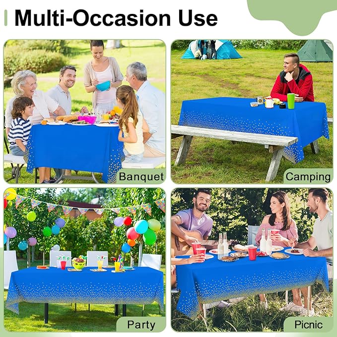 misaya 3 Packs Dot Disposable Table Cloth, 54 x 108 Inch Waterproof Plastic Tablecloth, Rectangle Gold Dots in Blue Table Covers for Easter, Picnic, Birthday, Party