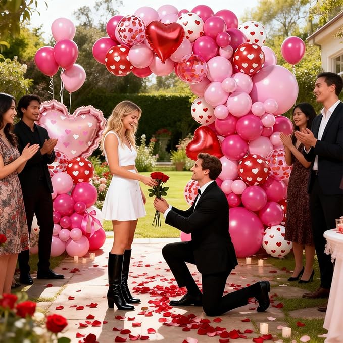 Valentines Day Balloons Arch Kit, Hot Pink White Red Heart Print Confetti Blloons with Heart Foil Balloon for Valentines Day Decorations Wedding Engagement Anniversary Supplies