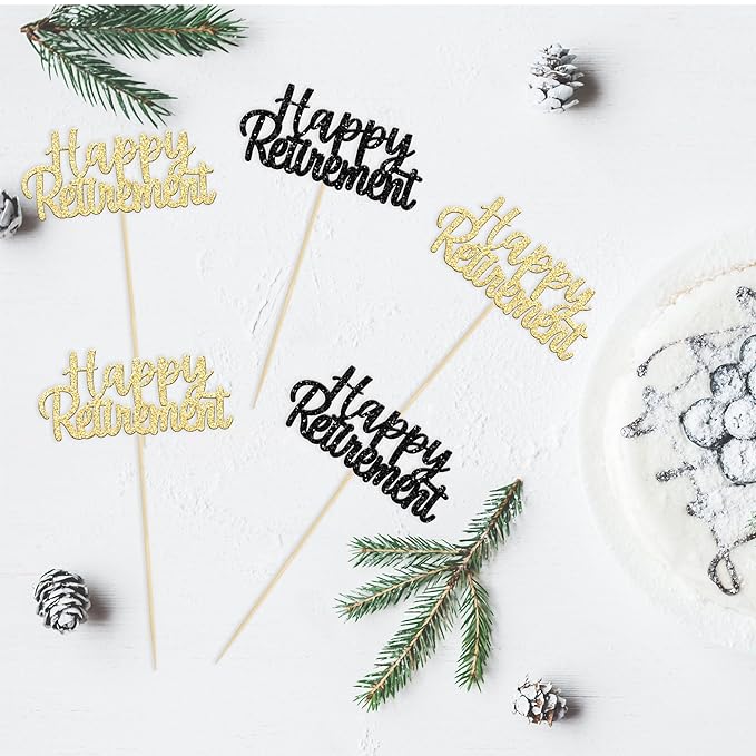 Gyufise Multicolor Glitter Happy Retirement Cupcake Toppers Retired Cake Decorations for Retirement Party Cake Decorations 36 Pack Black and Gold