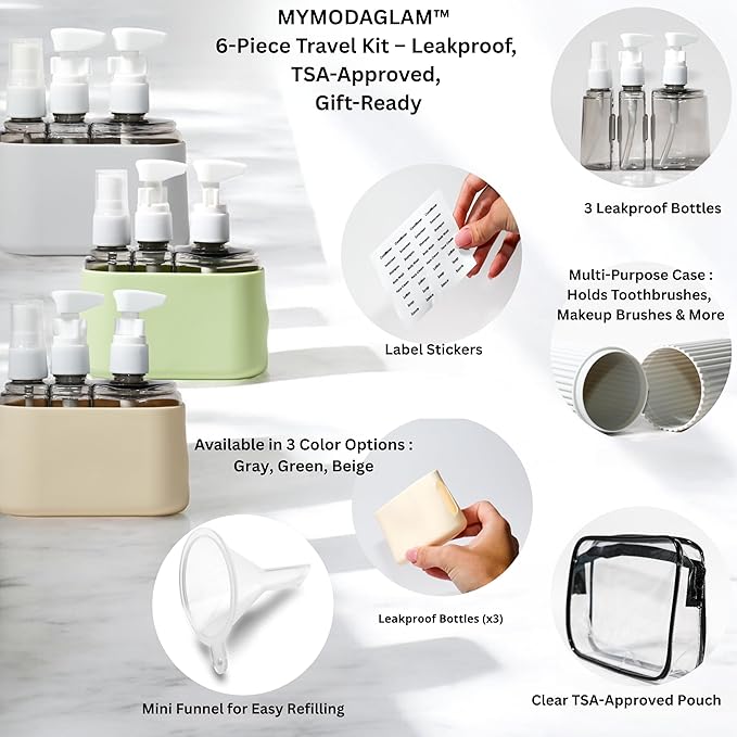 Travel Bottle Set – TSA Approved, Leakproof Toiletry Kit for Carry-On, Refillable Containers for Spring & Summer Travel (Sage Green)