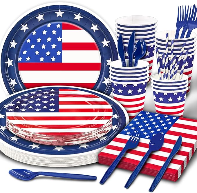 Party Spot! 272 pcs 4th of July Birthday Party decorations,16 Tableware Sets,“USA” Balloons, Paper Plates, Patriotic Party Decorations, Independence Day Party Decoration, Tablecloth, Flag