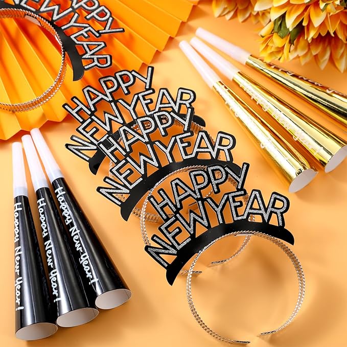 Shappy 24 Pcs 2026 New Year Party Supplies Happy New Year Headband Horn Sounder Noisemakers Eve Party Decorations