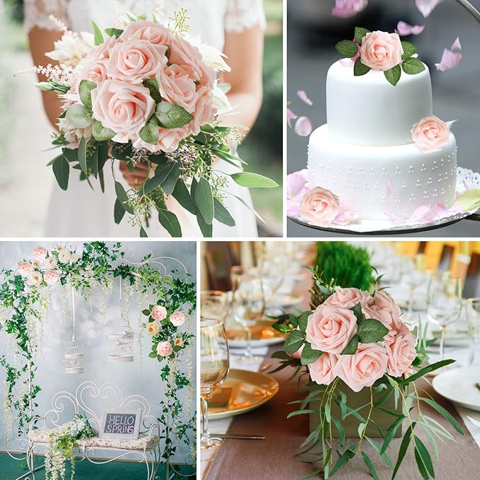 AmyHomie Artificial Flower Blush Pink Rose 50pcs Real Looking Fake Roses w/Stem for DIY Wedding Bouquets Centerpieces Arrangements Party Baby Shower Valentines Day Christmas Tree Decorations