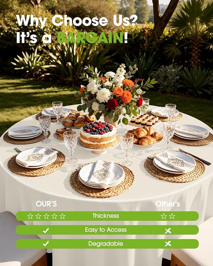 Pureegg Plastic Table Cloth Disposable 10 Pack, 84'' Round Table Cloths, Party, Wedding, Thanksgiving Decorations, Fall Tablecloths, Round, Beige Plastic Cover, Leakproof & Sturdy, Cream, Ivory
